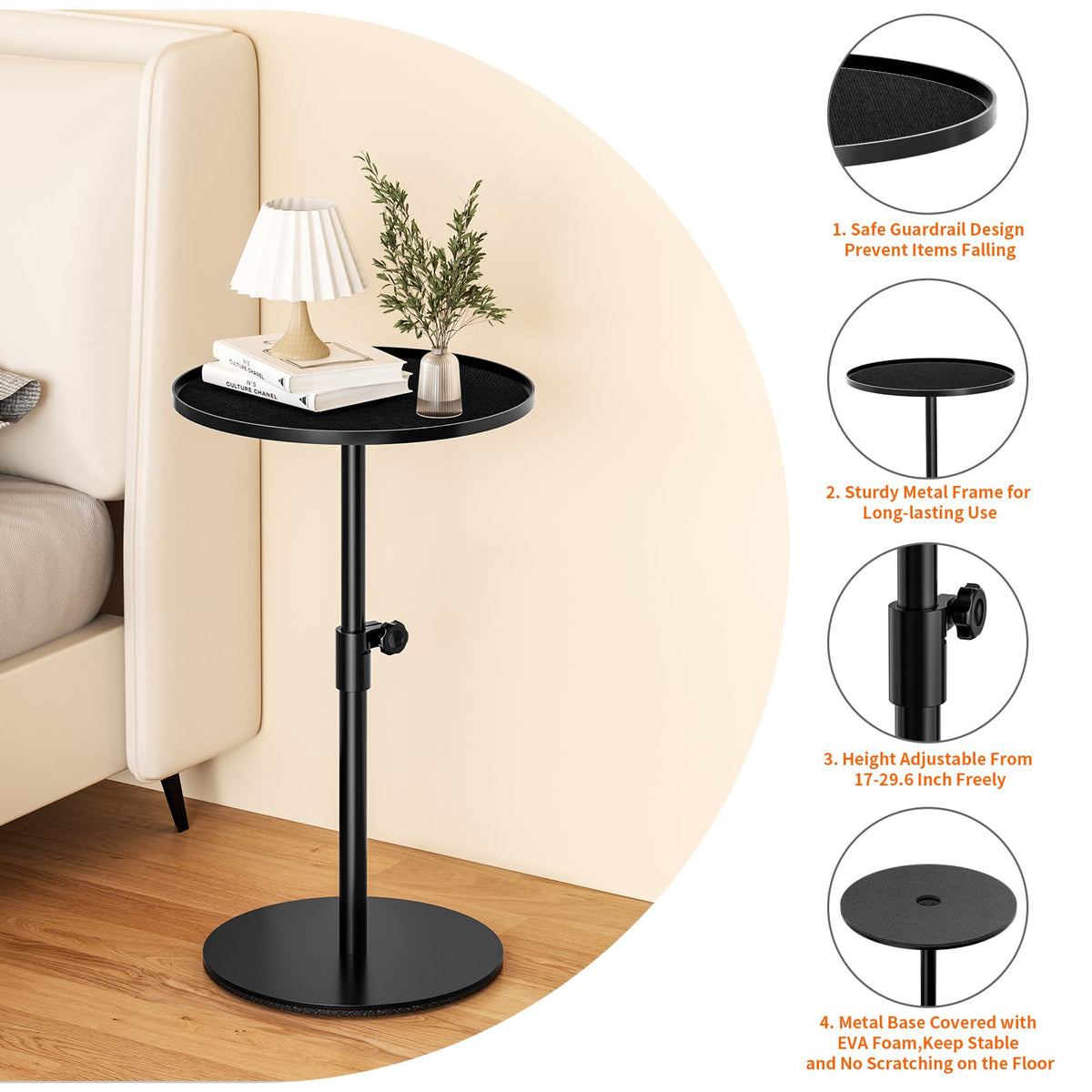 ZDDLOINP Round Side Table, Metal End Table, Height Adjustable Sofa Side Tables, Coffee Tables for Small Spaces Living Room, Bedroom, Balcony, Office