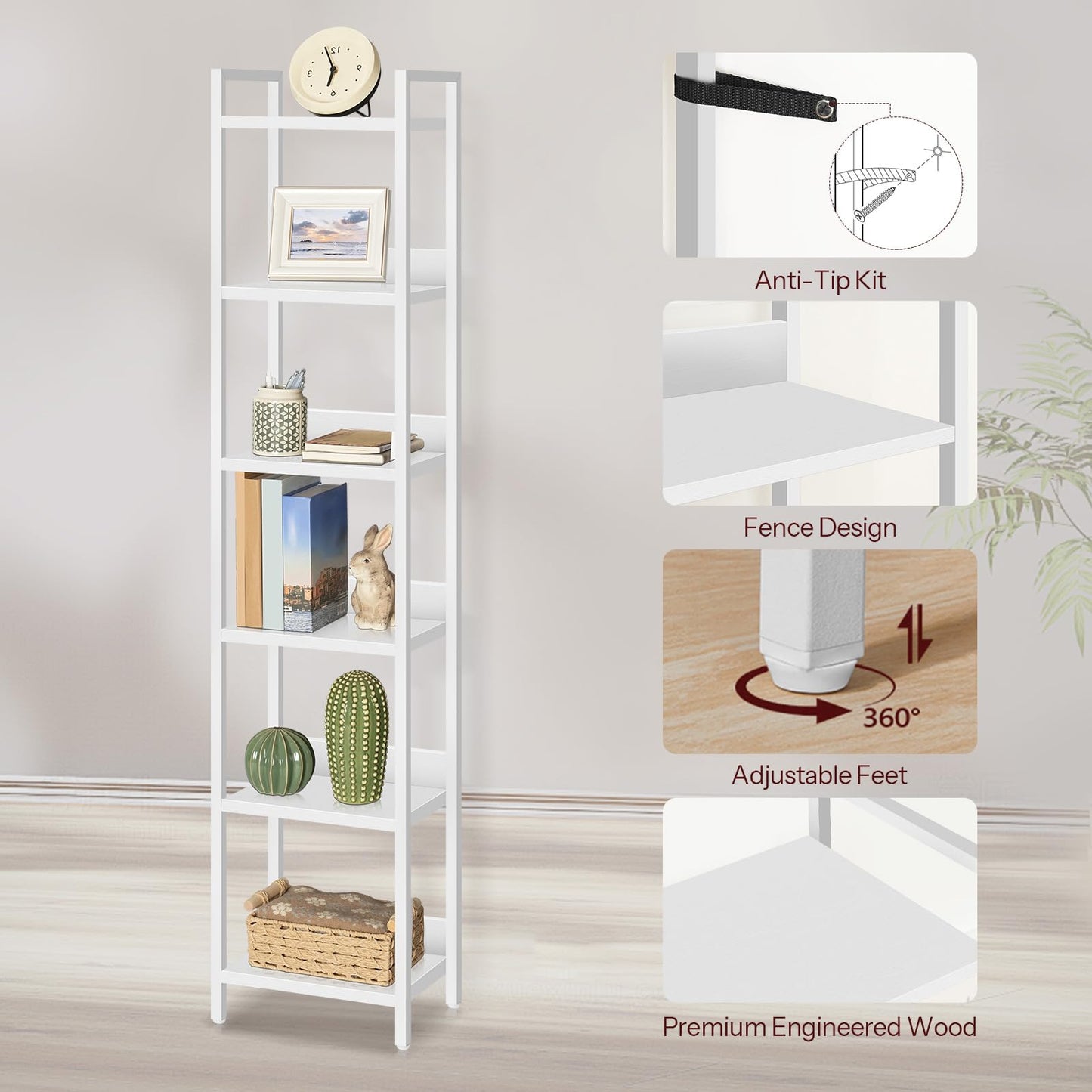 MAHANCRIS Bookshelf, 6-Tier Bookcase, Standing Book Shelf for Small Space, Storage Shelf Organizer, for Living Room, Bedroom, Study, Balcony