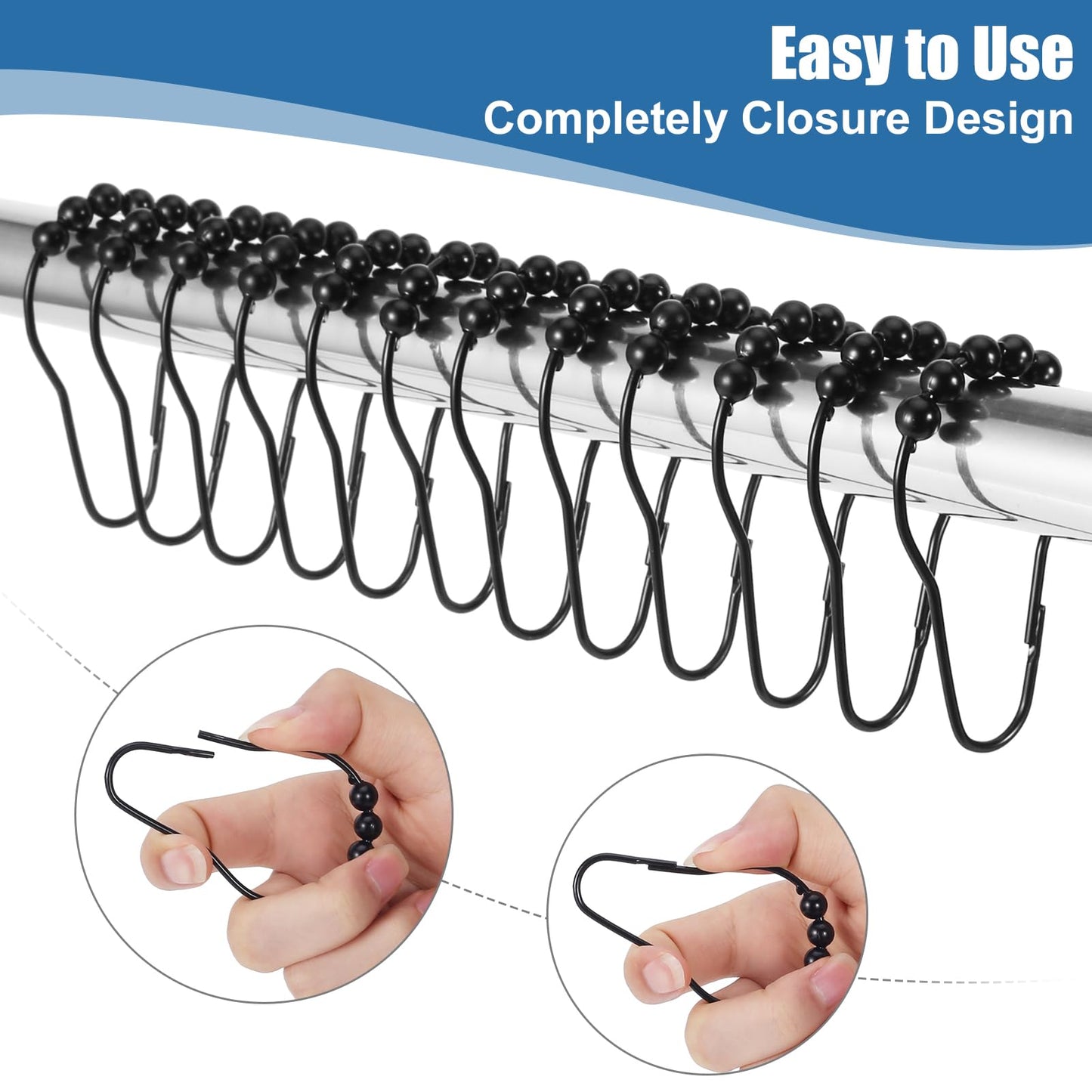 Shower Curtain Rings,Set of 12 Black Shower Curtain Hooks,Rust Proof Secure Lock Ring Clips for Hanging Bathroom Curtain.