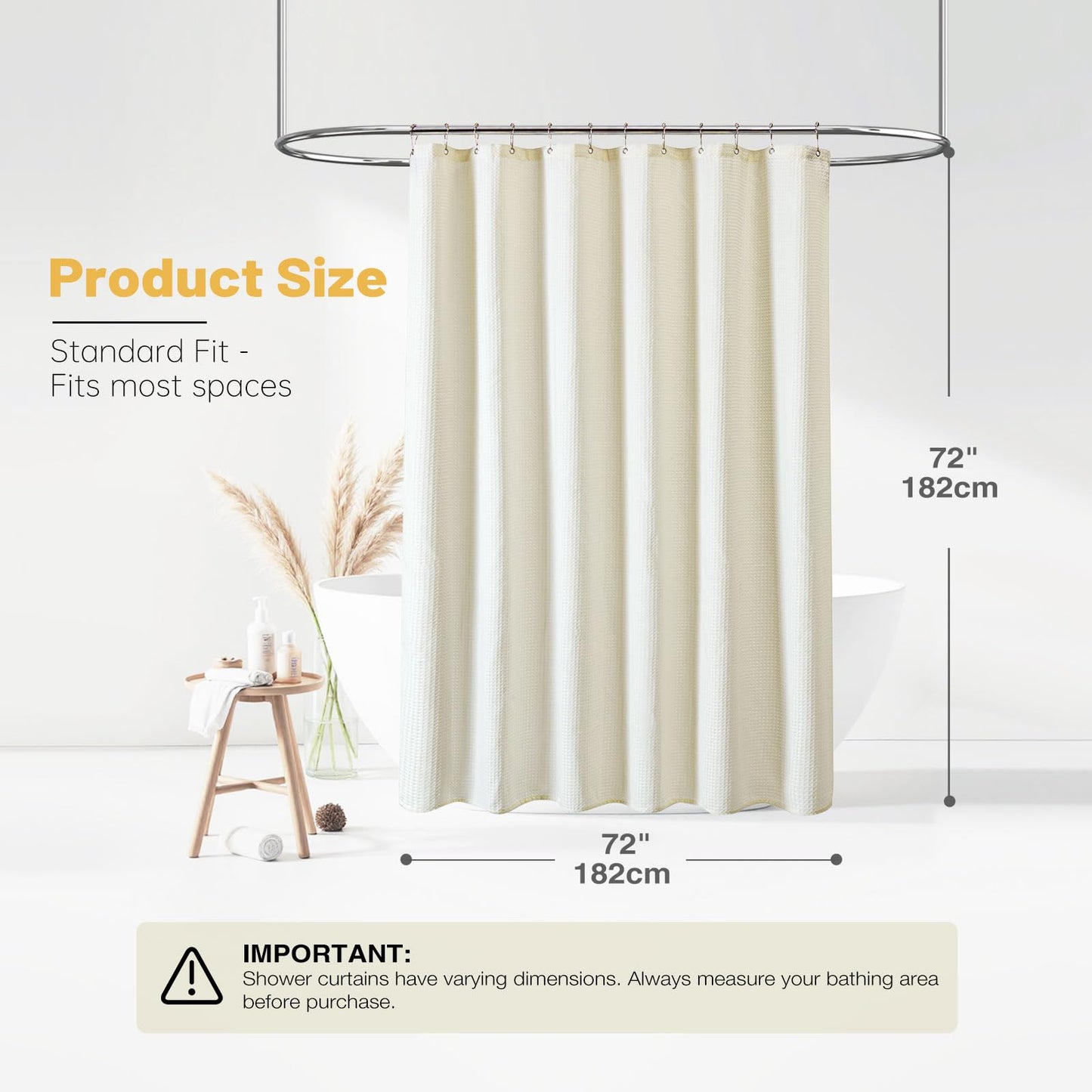 BTTN Waffle Weighted Shower Curtain, Waterproof, 182x182cm, Beige/Cream