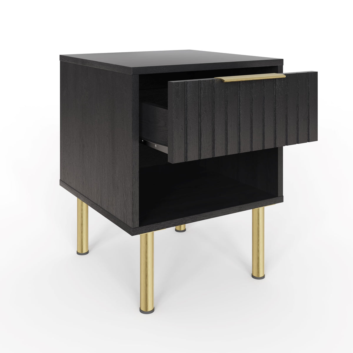 GFW Nervata Lamp Table, Black Side Table with Drawer Storage, Art Deco Style End Table with Gold Accents and Wood Grain Texture for Living Room and