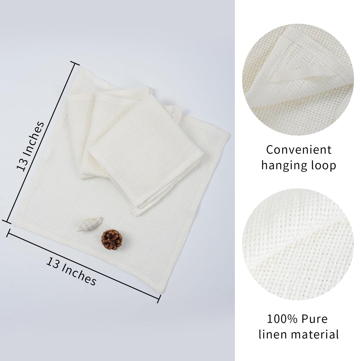 HSOFTIFY 100% Linen Face Cloth for Washing 4 Pack with Hanging Loop, White