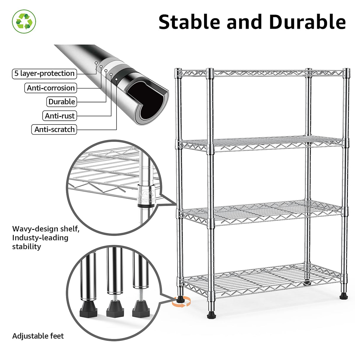 M MZG Height Adjustable Shelves,Heavy Duty Wire Pantry Shelving for Tool Sheds, Garage, and Storehouse,Metal,Chrome 4 tier,35 x 60 x 135.8 cm