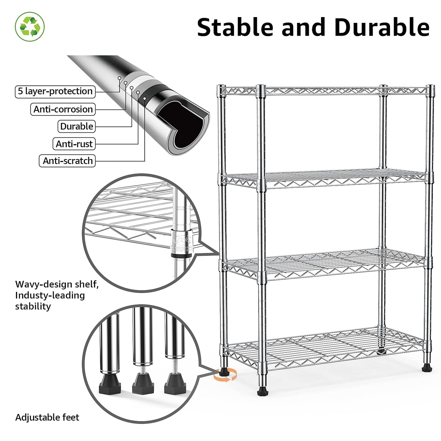M MZG Height Adjustable Shelves,Heavy Duty Wire Pantry Shelving for Tool Sheds, Garage, and Storehouse,Metal,Chrome,4 tier,35 x 75 x 120 cm