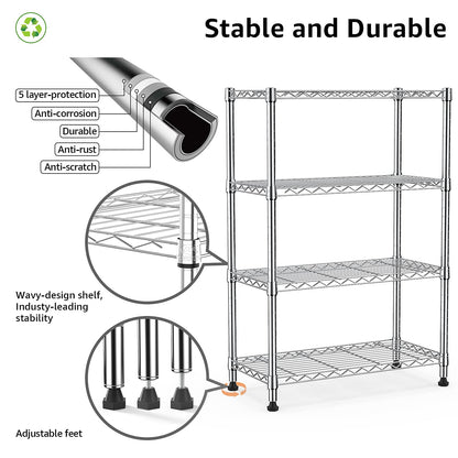 M MZG Height Adjustable Shelves,Heavy Duty Wire Pantry Shelving for Tool Sheds, Garage, and Storehouse,Metal,Chrome,4 tier,35 x 75 x 120 cm