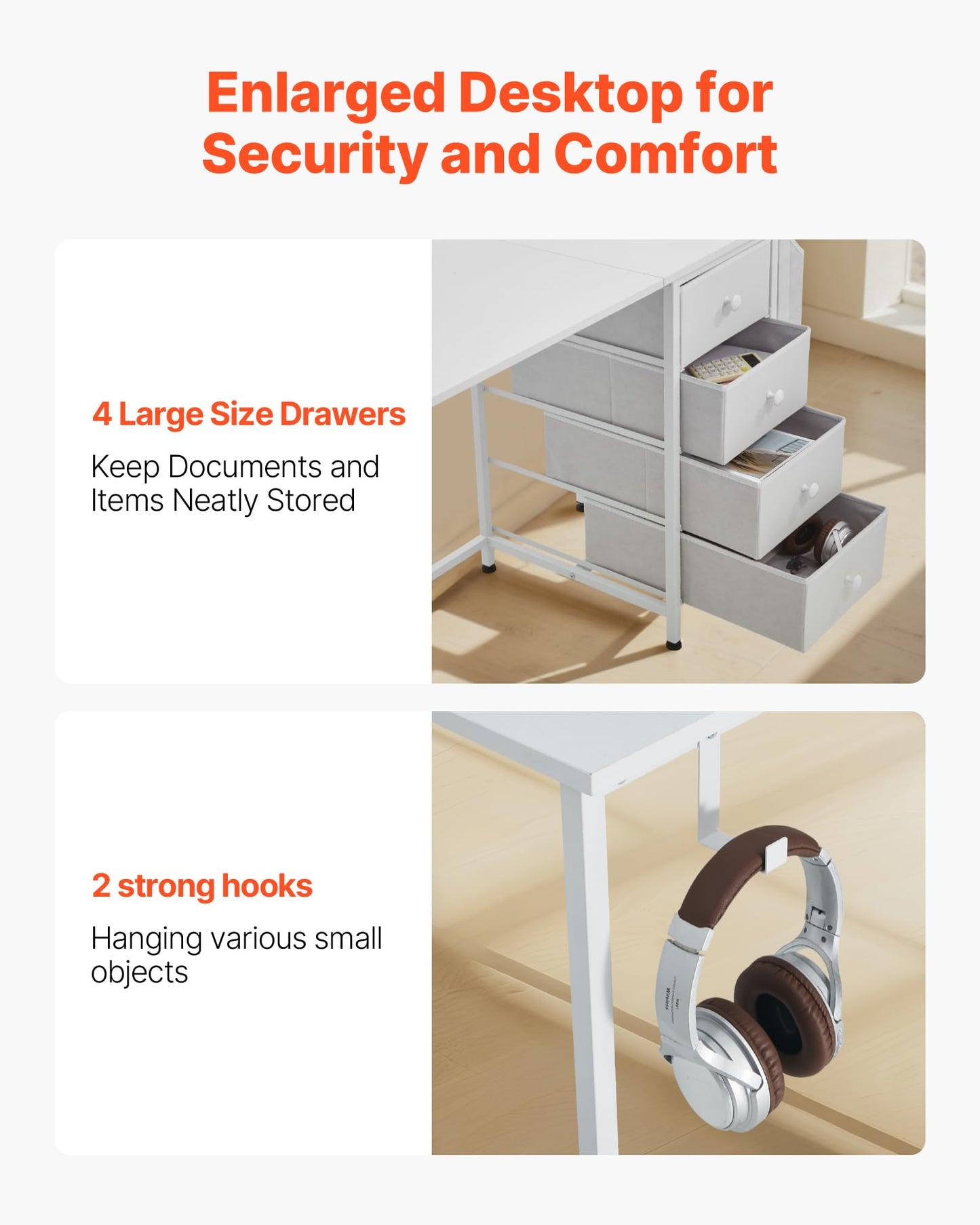 VEVOR Computer Desk with Fabric Drawers, 120 cm Reversible Study Work Writing Desk for Modern Home Office Bedroom