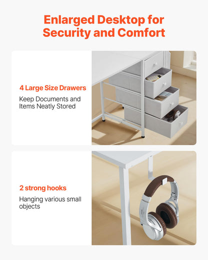 VEVOR Computer Desk with Fabric Drawers, 120 cm Reversible Study Work Writing Desk for Modern Home Office Bedroom