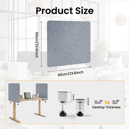 sturion 2-Pack Felt Desk Dividers, Clamp-On Panels, 60 x 60 cm, Light Grey