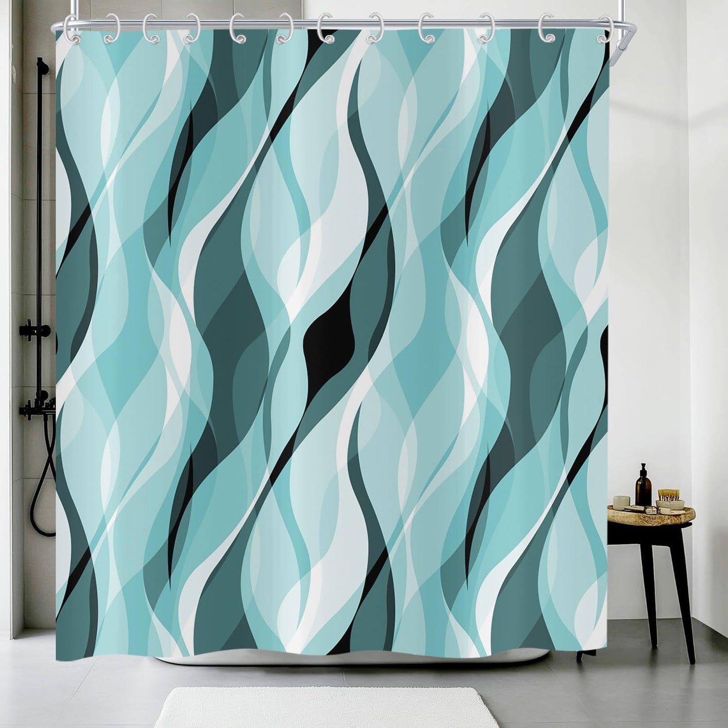 Hnmdmyi Turquoise Shower Curtain 180x200, Modern Abstract Turquoise and Grey Striped Bathroom Curtains with Hooks Waterproof Polyester Fabric
