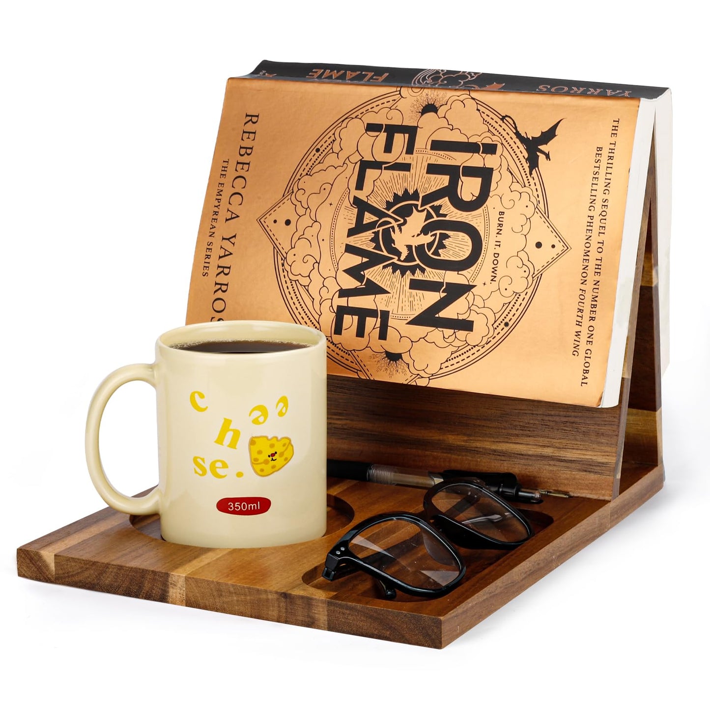 3HQ Wooden Book Stand for Reading Rest, Acacia Triangle Book Holder with Cup, Glasses, Pen & Phone Holder