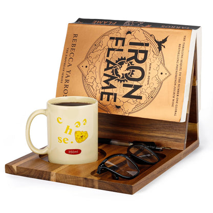 3HQ Wooden Book Stand for Reading Rest, Acacia Triangle Book Holder with Cup, Glasses, Pen & Phone Holder