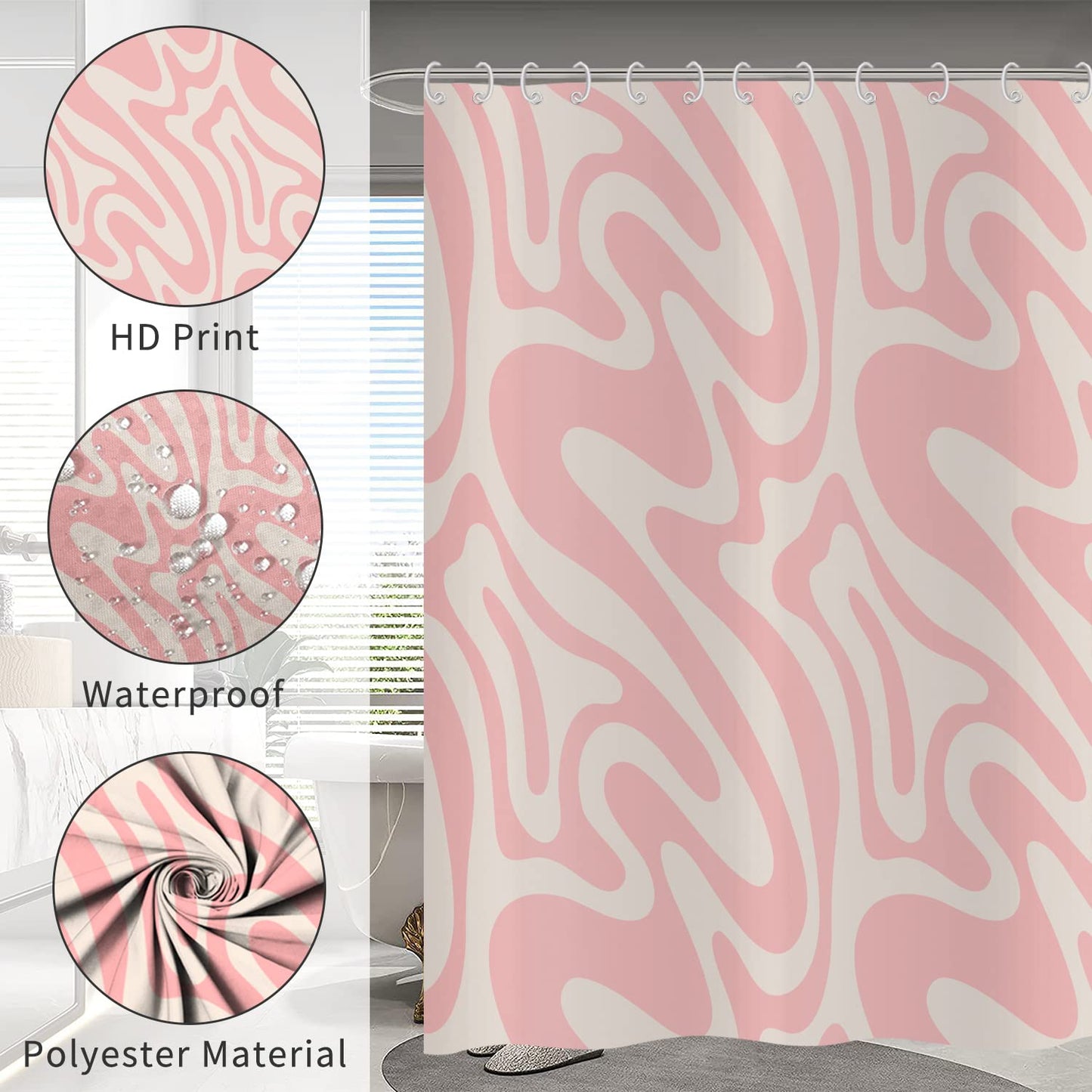 Hnmdmyi Pink Shower Curtain 120x180, Abstract Retro 70s Shower Curtains Modern Aesthetic Wavy Swirl Minimalist Girls Bathroom Curtains Waterproof