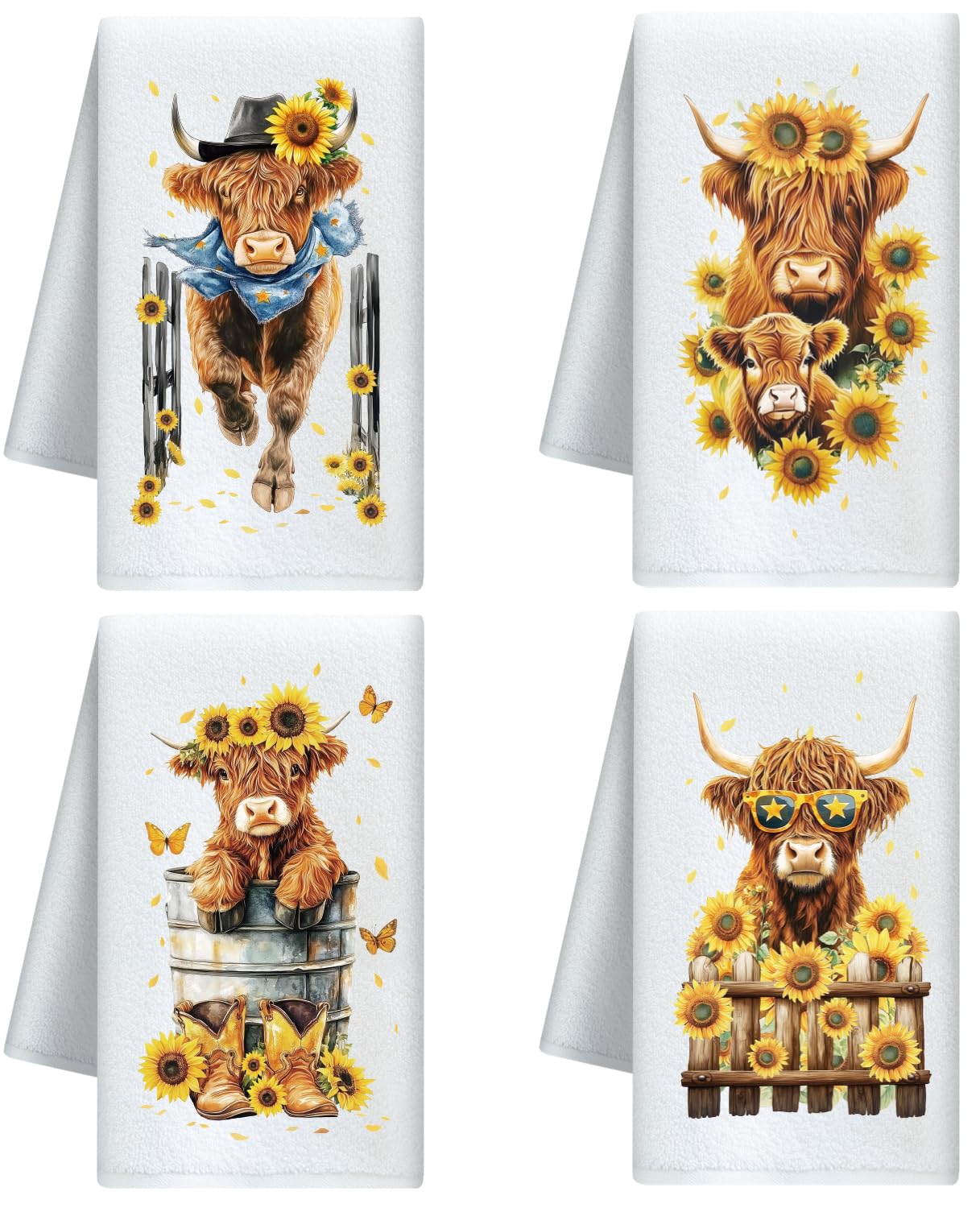 CUTHOLLOW Highland Cattle and Sunflower Decorative Kitchen Towels Set of 4, Soft & Absorbent Microfiber Dish Towel for Kitchen Tea Coffee Bar,Best