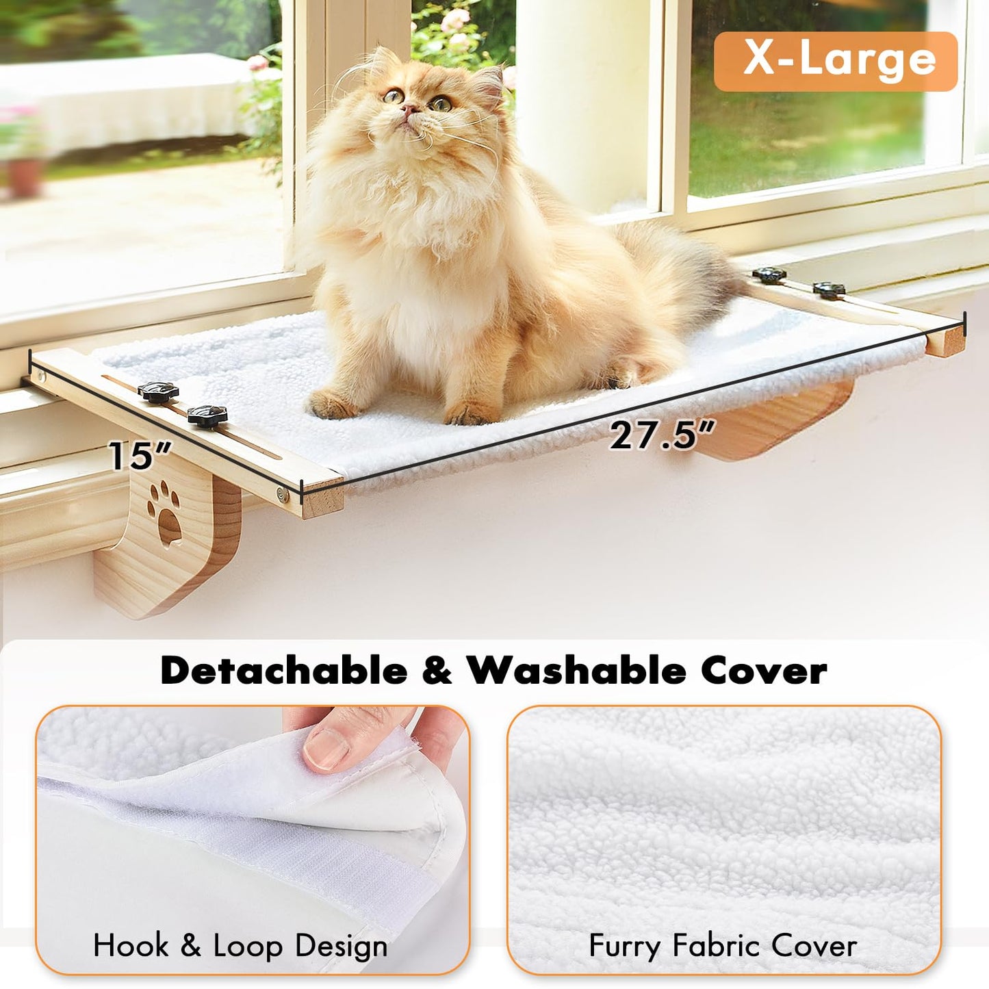 AMOSIJOY Cat Sill Window Perch Sturdy Cat Hammock Window Seat with Wood & Metal Frame for Large Cats, Easy to Adjust Cat Bed for Windowsill, Bedside,