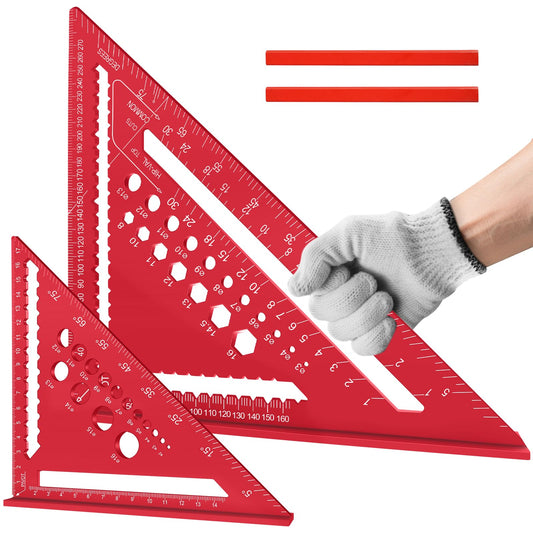 Flintronic 2 Pcs Speed Square Set, 18+30cm/ 7+12inch Aluminum Alloy Triangle Ruler, Metric Woodwork Square with Carpenter Pencil* 2, Carpenters