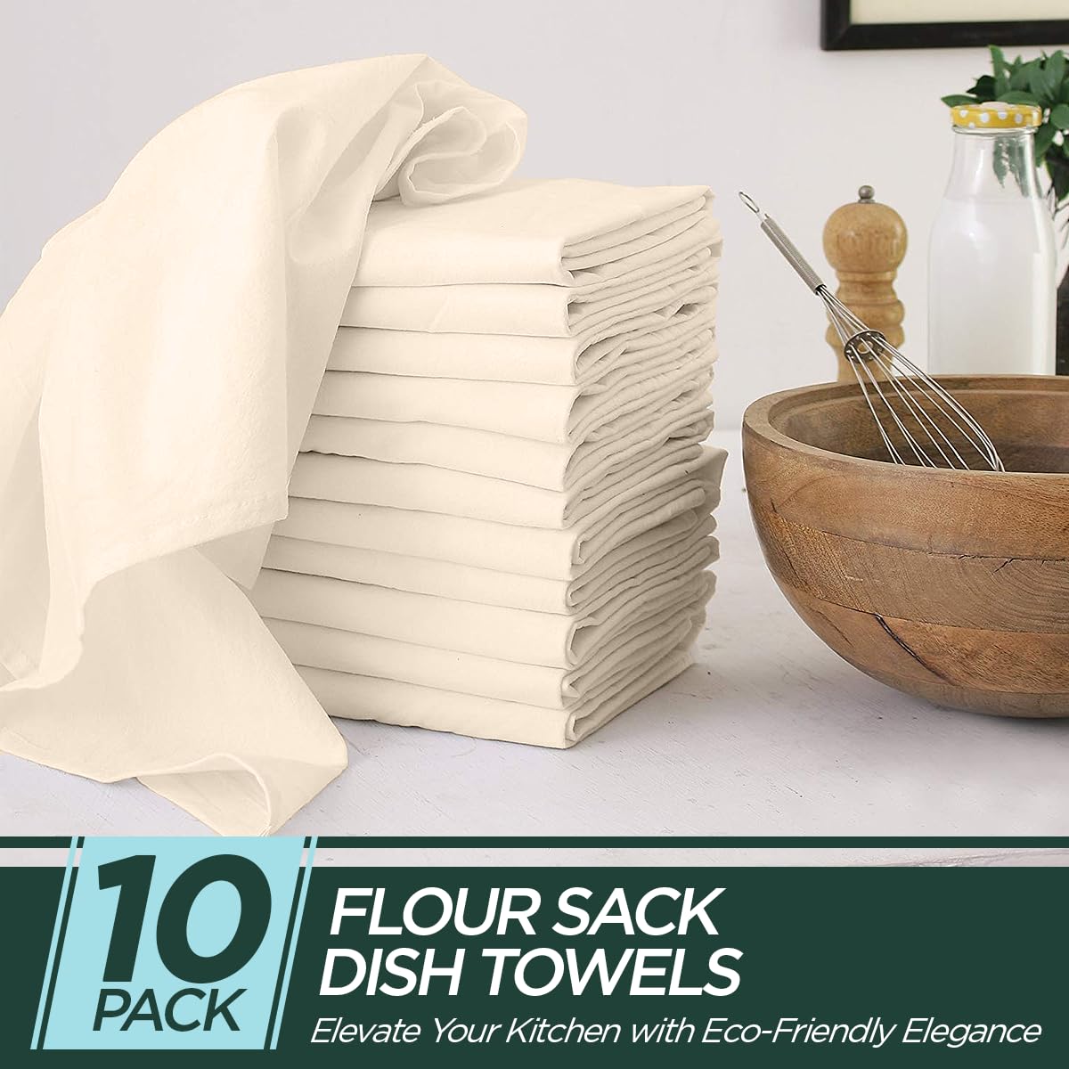 Madras Collections 10 Pack Flour Sack Dish Towels, 100% Organic Cotton, Highly Absorbent, Ivory, 28x28 Inches