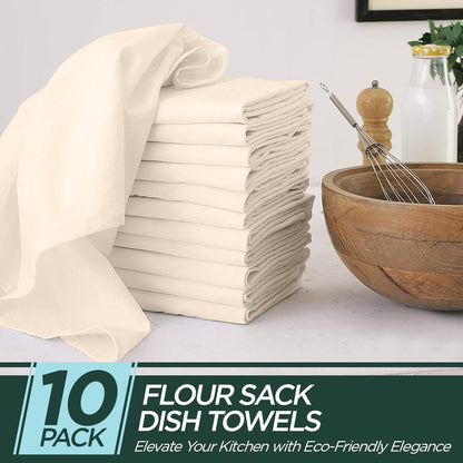 Madras Collections 10 Pack Flour Sack Dish Towels, 100% Organic Cotton, Highly Absorbent, Ivory, 28x28 Inches