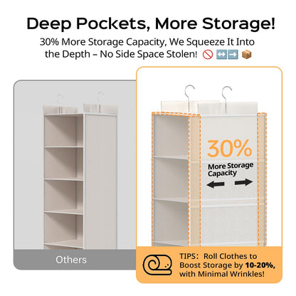 Extra Deep Hanging Storage with 6 Shelves and Large Mesh Pockets, Durable, Heavy-Duty Wardrobe Storage Organiser