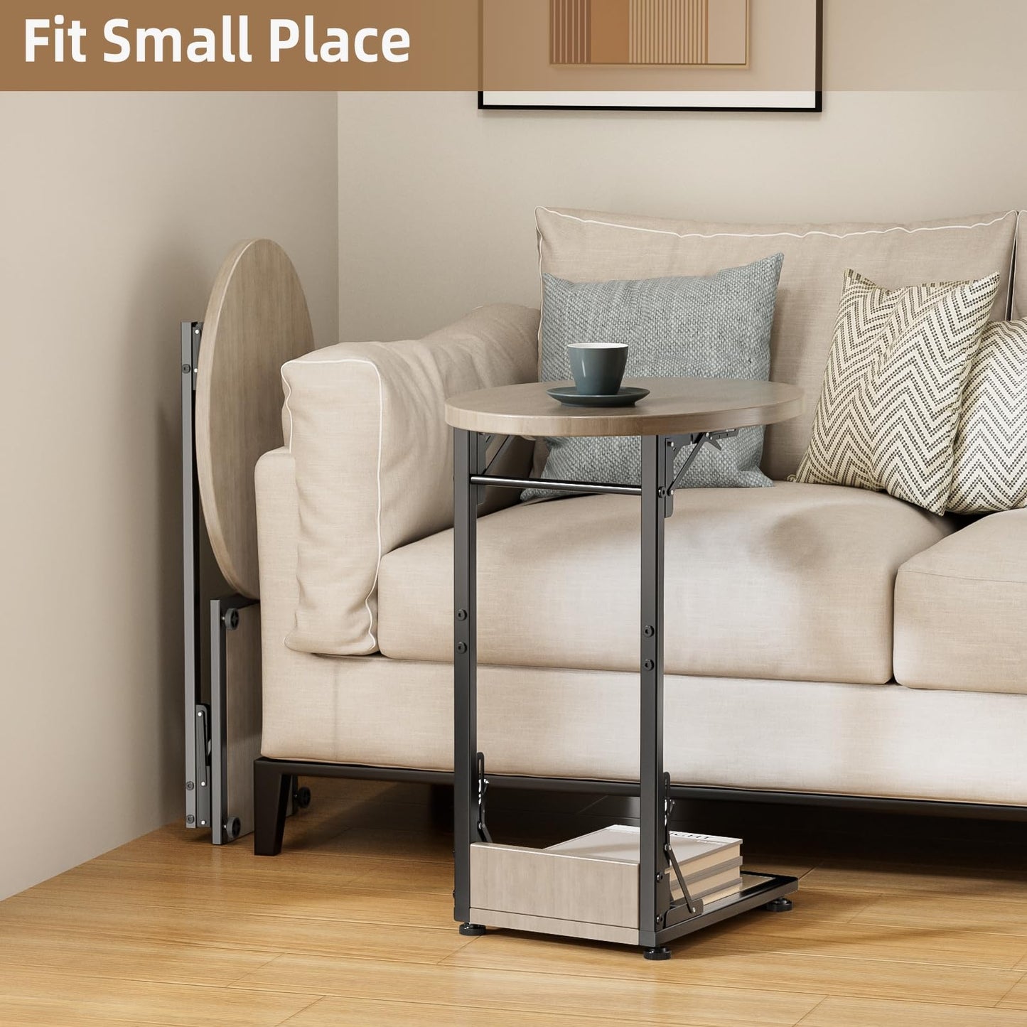 Mutool C Shaped End Table, Foldable Side Table, Round Sofa Table with Metal Frame, Small Coffee Table for Living Room Bedroom Office, Oak Grey