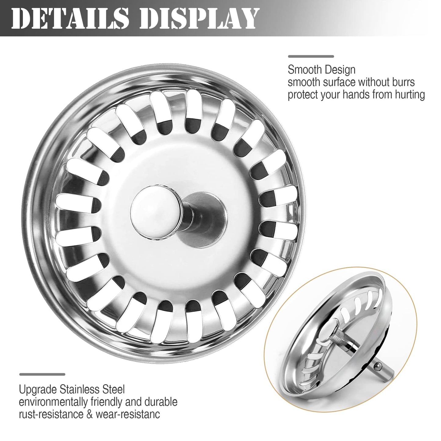 2 Pack Kitchen Sink Strainer Plug, Stainless Steel Push Style Plug for Sink Drainer Waste Plug Basket Strainer and Plug Replacement for Kitchen Sink