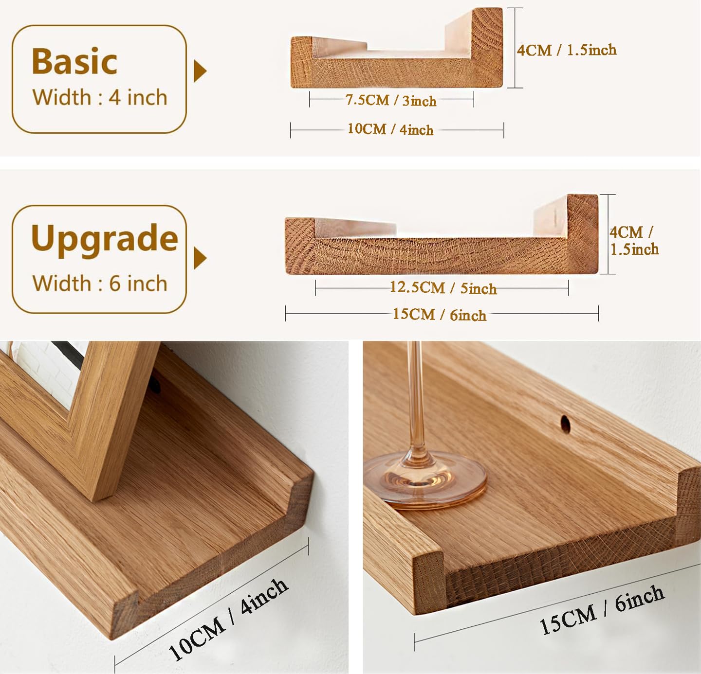 OAKERLAND Wooden Floating Shelves for Wall, 20inch Oak Picture Ledge Shelf Wall Mounted Oak Display Shelf for Home,Office,Bedroom,Living