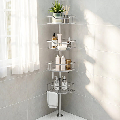 Purejoy Tension Pole Shower Caddy, 4 Tier Silver Corner Shower Caddy with Soap Holder, Hooks & Towel Bar, Adjustable Telescopic Shower Shelves