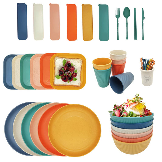 YEEBECA 67 Pieces Plastic Dinnerware Set for 6, BPA-Free Unbreakable Dinnerware Set for 6 People, The Outdoor Camping Tableware Set in 6 Colors