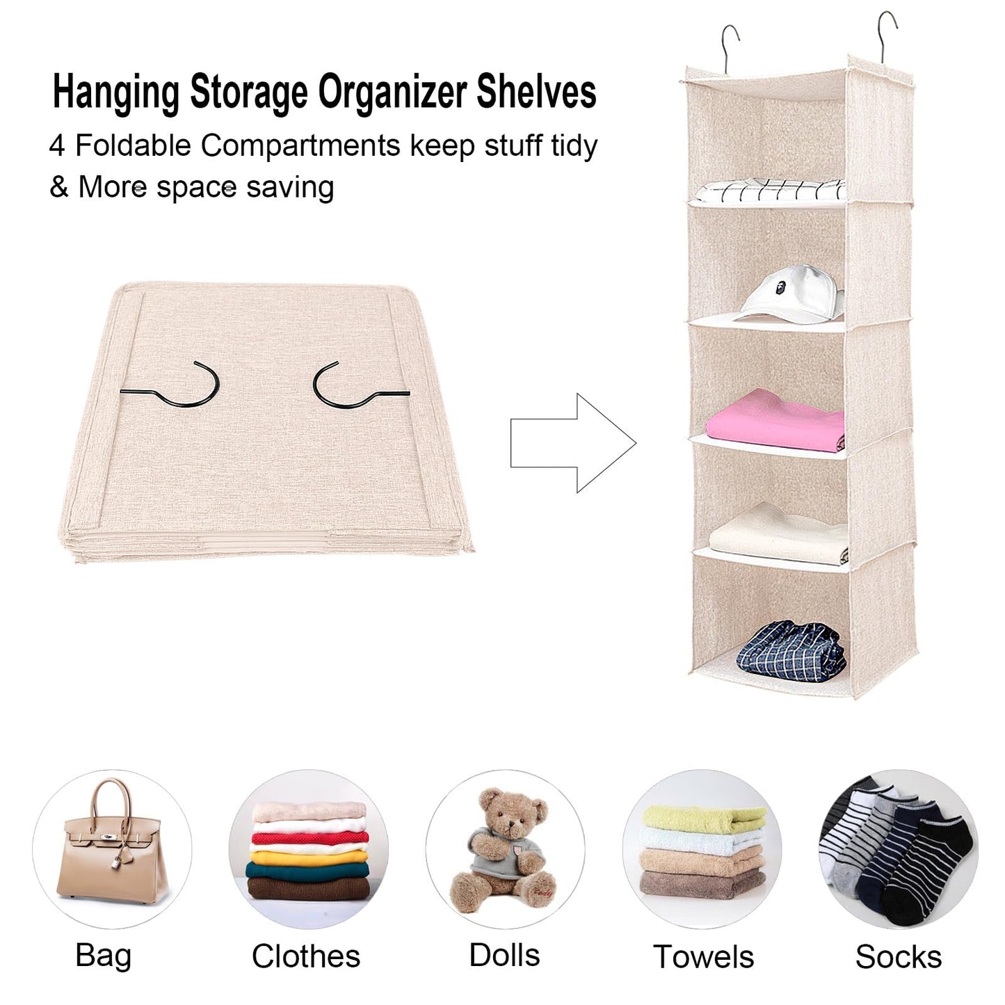 BOMEI PACK Beige Hanging Wardrobe Closet Organizer Shelves with 5 foldable Storage compartments,easy hang up with Curved Metal Hooks for storage