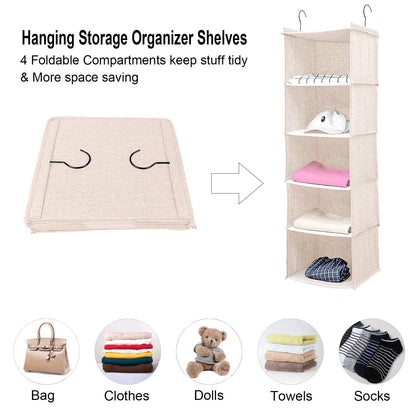 BOMEI PACK Beige Hanging Wardrobe Closet Organizer Shelves with 5 foldable Storage compartments,easy hang up with Curved Metal Hooks for storage