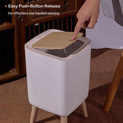 JETAINE Mini Trash Bin with Lid, 10 Liter Garbage Bin, Tall Sqaure Trash Can, Modern White Waste Bin with Wooden Legs, Plastic Rubbish for Kitchen