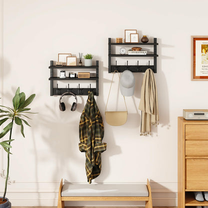 YMYNY 2-Tier Coat Hooks Wall Mounted with Shelf, Black HWS009B-2