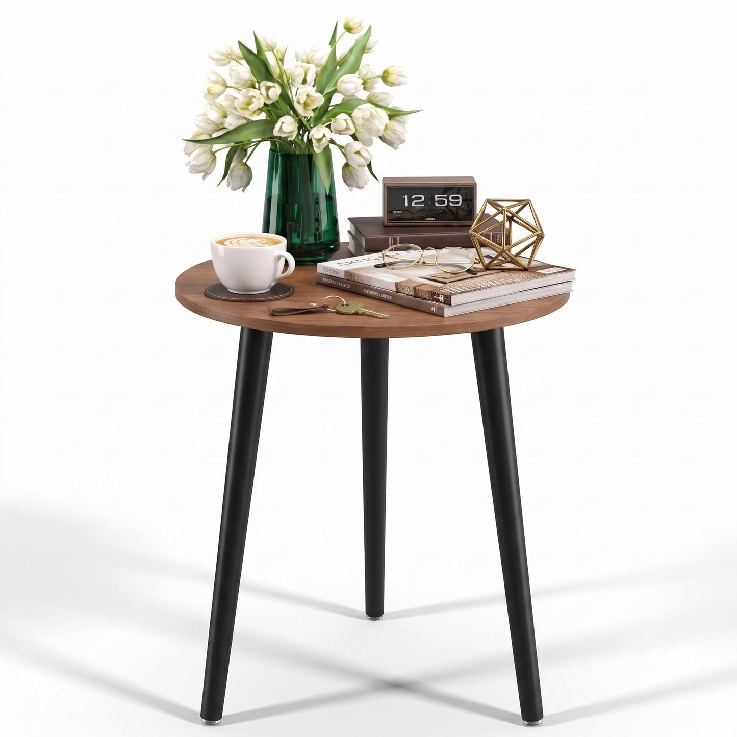 APICIZON Round Side Table, Small End Table with Reinforced Metal Connectors, Walnut Wooden Bedside Table for Living Room, Bedroom