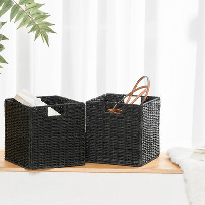 Vagusicc Woven Storage Basket, 2-Pack Wicker Basket for Shelves Closet Organizer, Square Shelf Baskets for Toys, Books, Shoes