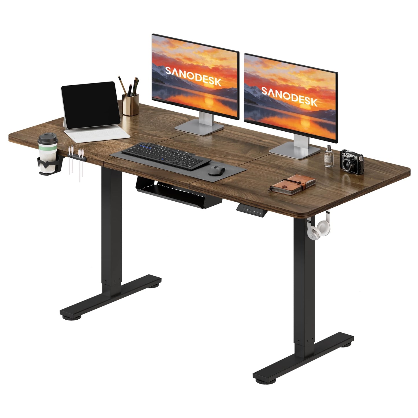 SANODESK Electric Standing Desk 140 * 60 Height Adjustable Desk With Memory Smart Panel Sit Stand Table With Cable Management for Home Office, Brown