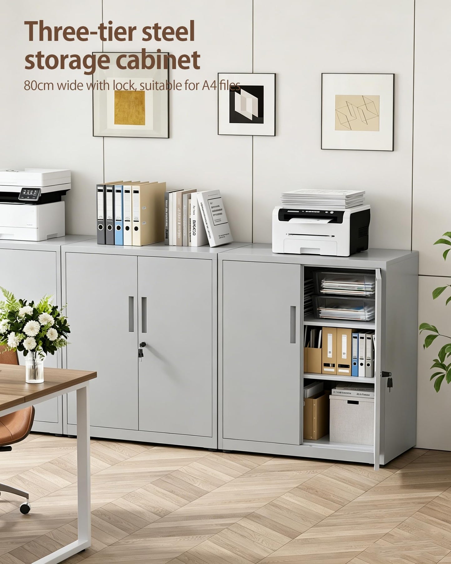 LAND·VOI Steel Storage Cabinet, 3-Tier Lockable Cabinet with Adjustable Shelves, Double-Door Cupboard Storage, For Home, Office Storage, 40×80×91.5cm