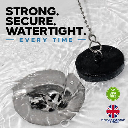 Smith’s® (42mm-44mm) Black Plug & Chain - Bathtub, Bathroom, & Kitchen Sink Plug | 48cm Strong Stainless Steel Ball Chain With S-Hooks