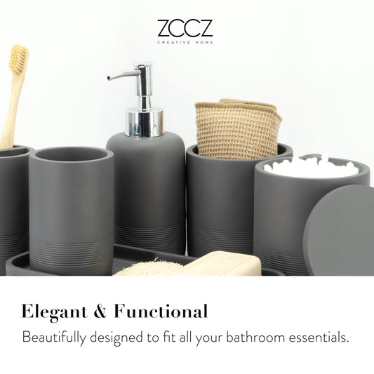 zccz- grey Bathroom Accessory Set 6 Pieces - Bathroom Organiser with Tootbrush Holder, Lotion Soap Dispenser, Vanity Tray and 2 Qtip Holders - Modern