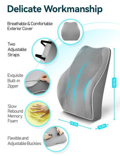 Travel Ease Ergonomic Lumbar Support Cushion, Memory Foam Back Support Cushion for Office Chairs with Skin-friendly Cover for Comfort (Grey)