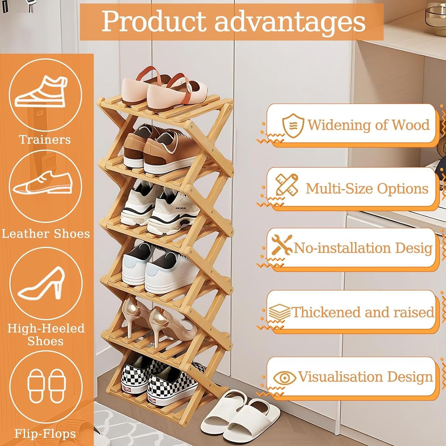 Kiss Me 4-Tier Foldable Bamboo Shoe Rack Vertical Narrow Entryway Organizer
