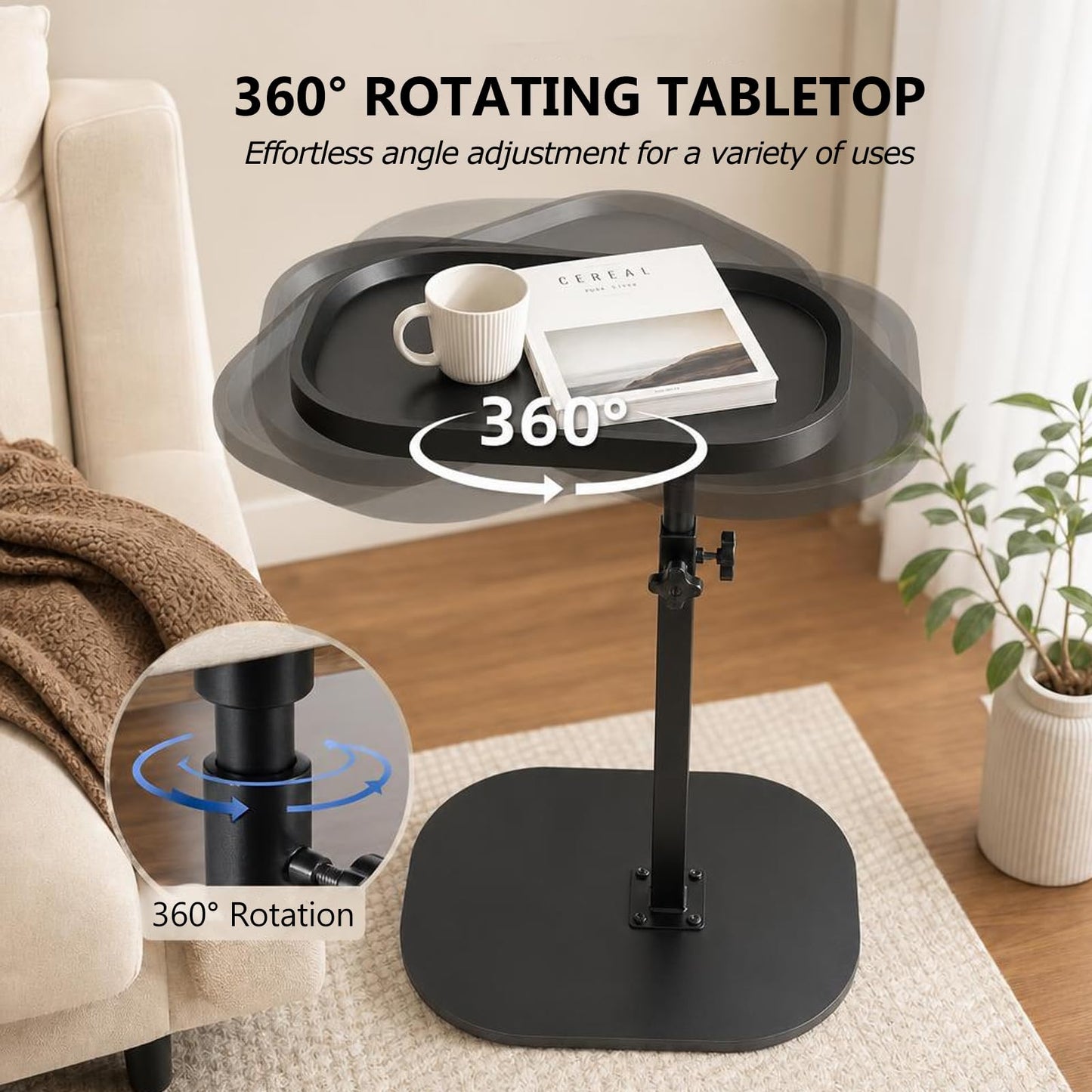 Gelory C Tables Height Adjustable Side Table Rotatable Bedside Desk, Black