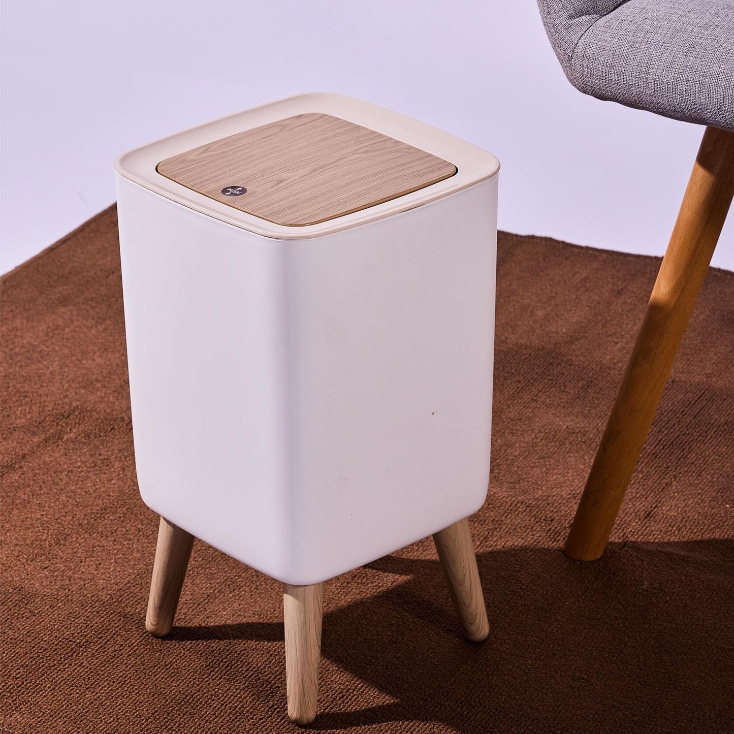 JETAINE Mini Trash Bin with Lid, 10 Liter Garbage Bin, Tall Sqaure Trash Can, Modern White Waste Bin with Wooden Legs, Plastic Rubbish for Kitchen
