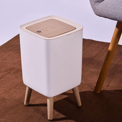JETAINE Mini Trash Bin with Lid, 10 Liter Garbage Bin, Tall Sqaure Trash Can, Modern White Waste Bin with Wooden Legs, Plastic Rubbish for Kitchen