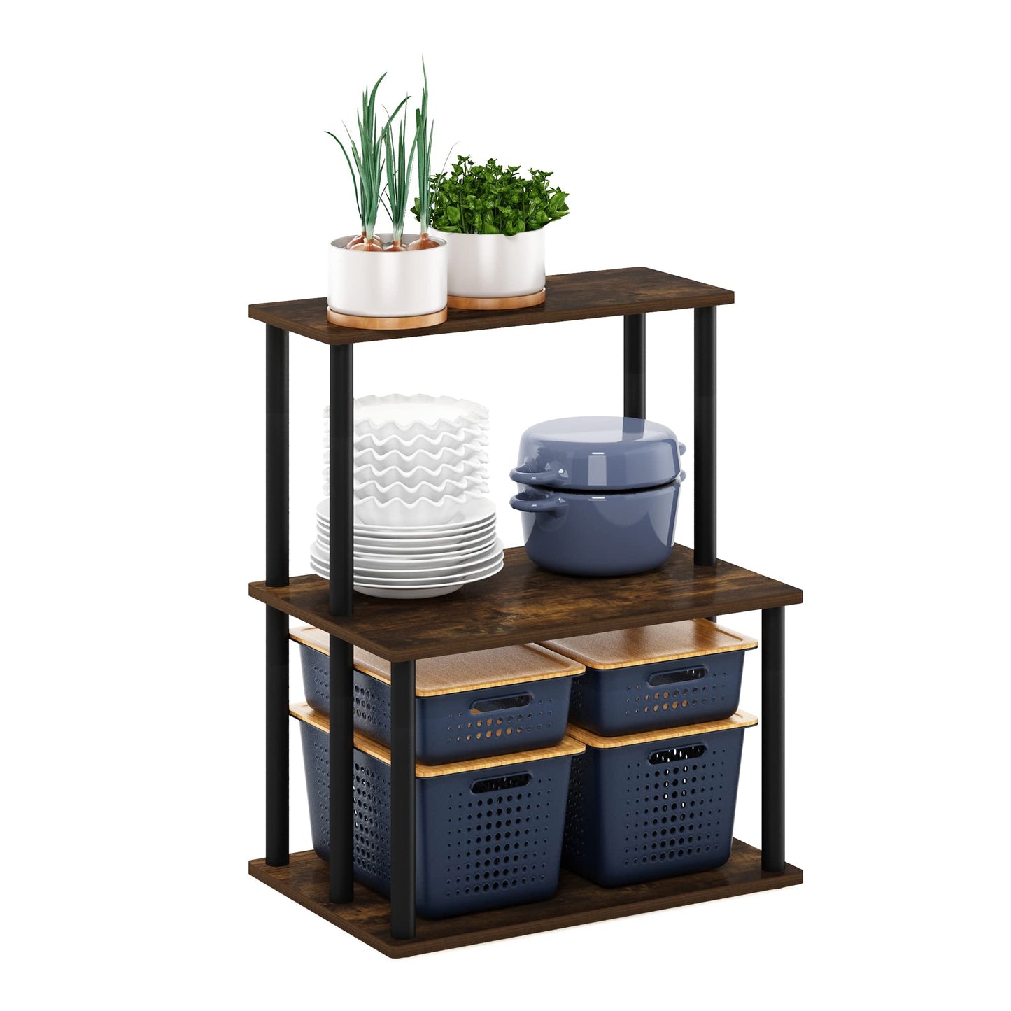 Furinno TURN-N-TUBE Coffee Bar, 3-Tier Bakers Rack, Kitchen Shelves, for Pantry Organizers and Storage, Kitchen Organization, Amber Pine