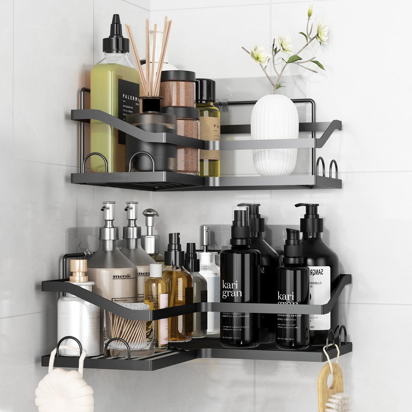 KedioPio Corner Shower Caddy, 2 Pack Rustproof Bathroom Corner Shelves No Drilling, Adhesive Shower Organiser Storage Rack with 8 Hooks for Bathroom