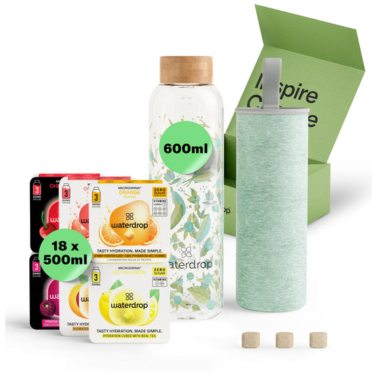 waterdrop? Glass Starter Set ? 600ml Borosilicate Glass Bottle + 18 Sugar-Free Microdrink Hydration Cubes in 6 Flavours, Vitamin C & B Infused, BPA