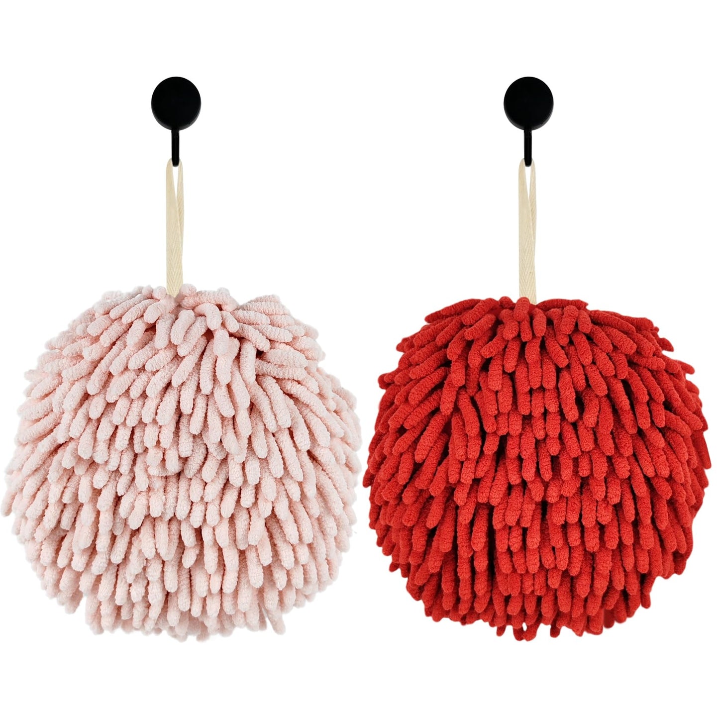 Fuzzy Ball Hand Towels, Set of 2, Chenille Quick Dry, 6.9inch (pink+red)