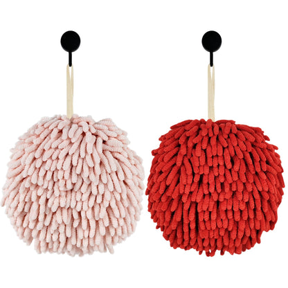 Fuzzy Ball Hand Towels, Set of 2, Chenille Quick Dry, 6.9inch (pink+red)