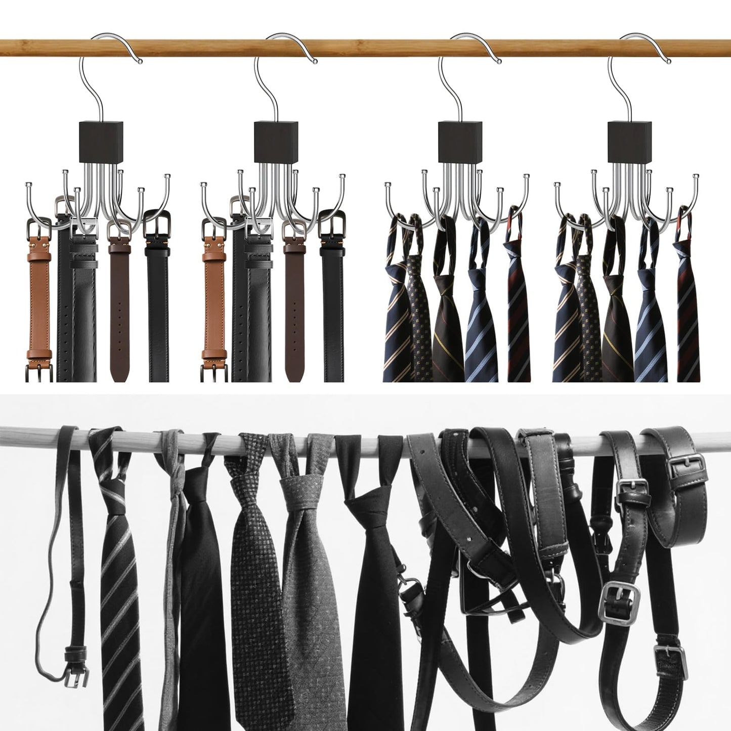 2Pcs Belt Hanger for Closet, Belt Hanger for Wardrobe, Rotatable Hanging Holder with 6 Hooks