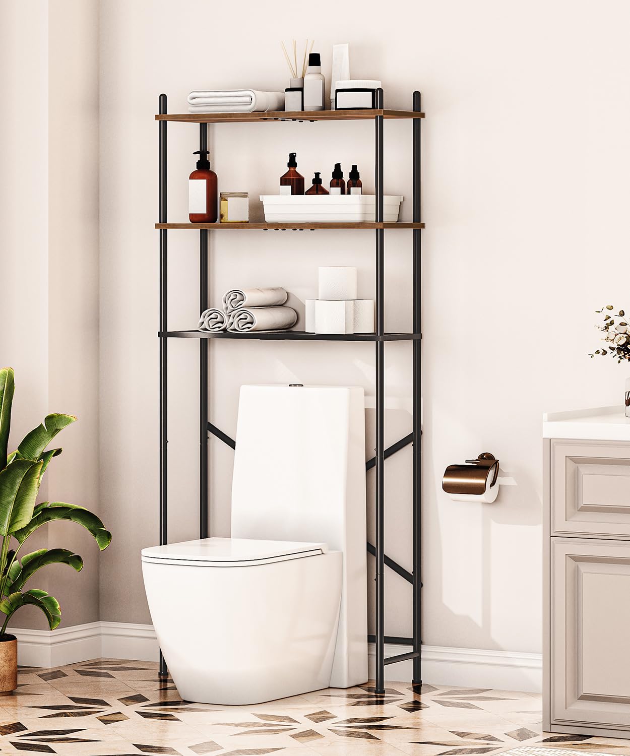 HOOBRO Over Toilet Storage Unit Bathroom Shelf, 3-Tier Bathroom Storage Unit, Freestanding Above Toilet Storage Rack with Adjustable Feet