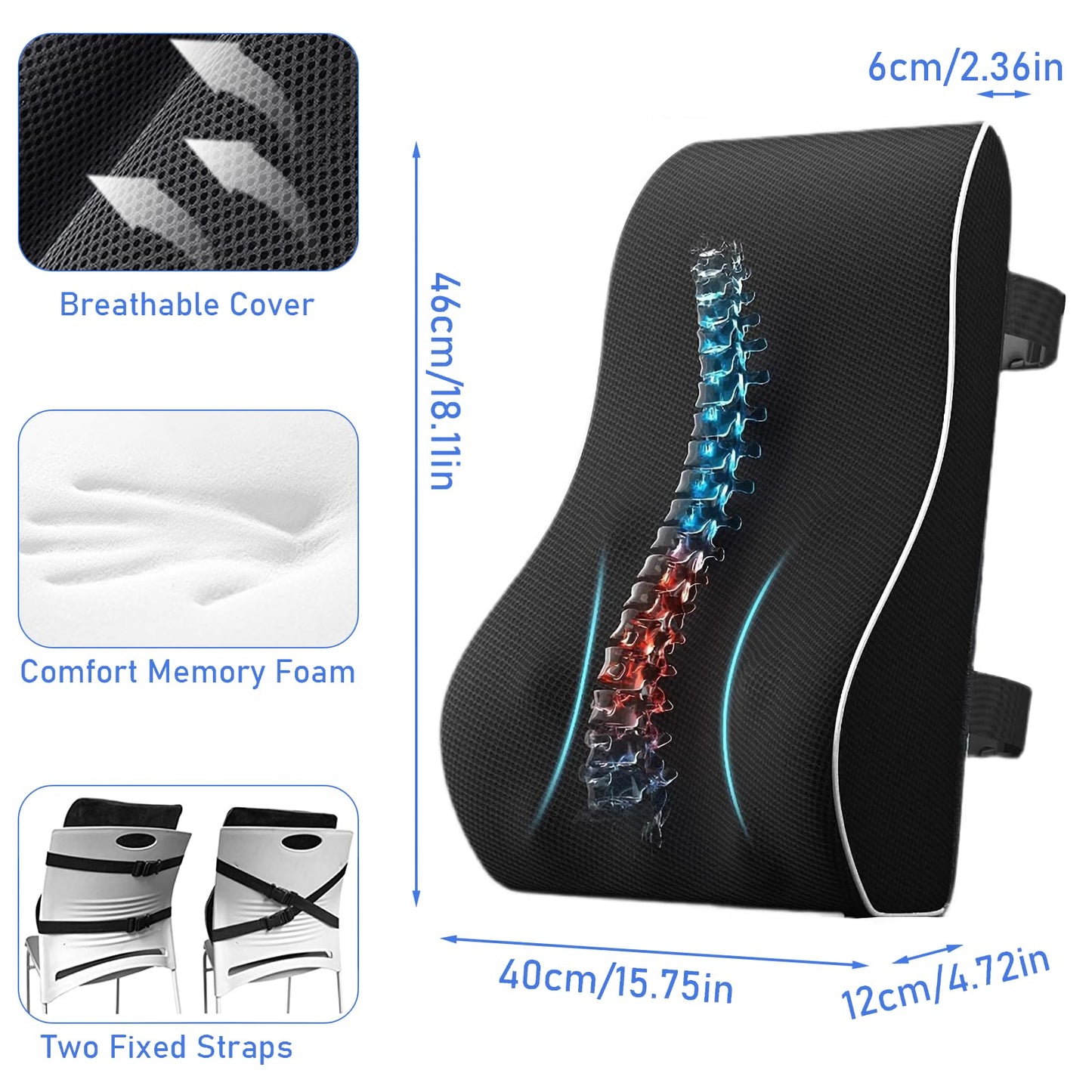 Chiziyixin Back Support for Office Chair, Memory Foam Lumbar Support Cushion with 2 Adjustable Straps, Black Back Lumbar Pillow for Office Chair